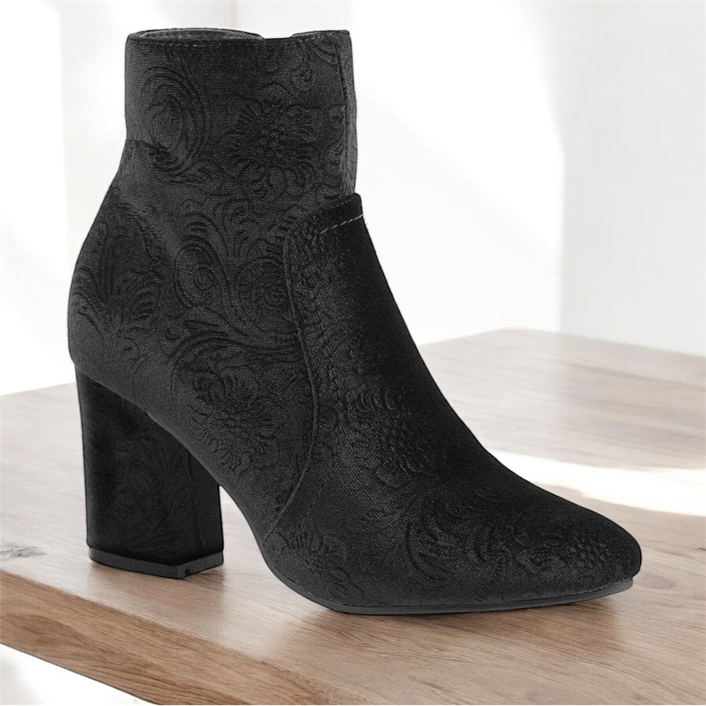 Women’s Black Velvet Zip up Ankle Boots Block Heel Chunky Round Toe Booties New